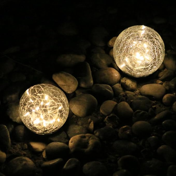 VOSAREA 2pcs Solar Lawn Lights Outdoor Waterproof Garden Pathway Lights 12cm Crackled Globe 30 Warm Yellow LEDs Solar Spotlight for Yard and Patio