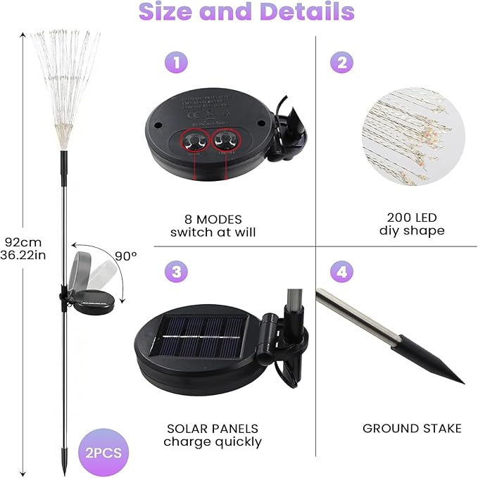 2 Pack Solar Firework Lights, 200 LED Outdoor Waterproof Garden Lights with 8 Flashing Lighting Modes, Bendable DIY | Lumora