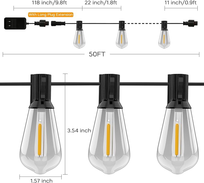 Outdoor String Lights 100ft ST38 Patio Lights with Waterproof Shatterproof 50(+2) LED Bulbs,Outside Hanging Vintage Edison Lights for Porch, Deck, Garden, Backyard, Balcony, 2700K Dimmable