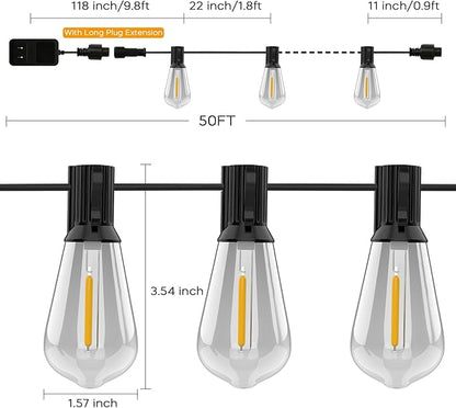 Outdoor String Lights 100ft ST38 Patio Lights with Waterproof Shatterproof 50(+2) LED Bulbs,Outside Hanging Vintage Edison Lights for Porch, Deck, Garden, Backyard, Balcony, 2700K Dimmable