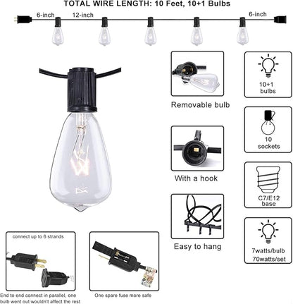 Abeja ST38 10Ft String Lights with 10 Clear Vintage Light Bulbs(1 Spare), E12 Scoket Base, UL Listed for Outdoor Indoor Party Porch Patio Decor, Black