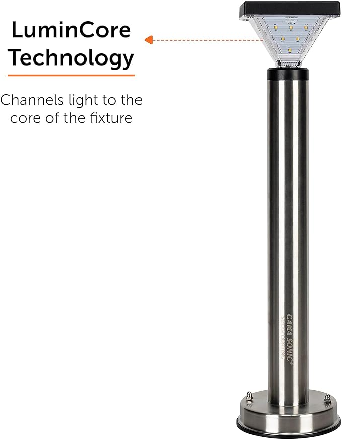 Gama Sonic Luxor Bollard Outdoor Solar Pathway Light, Silver Stainless, 20.25-inch Lamp Height, Sidewalk, Path, Driveway, 50 Lumens (144i58070)
