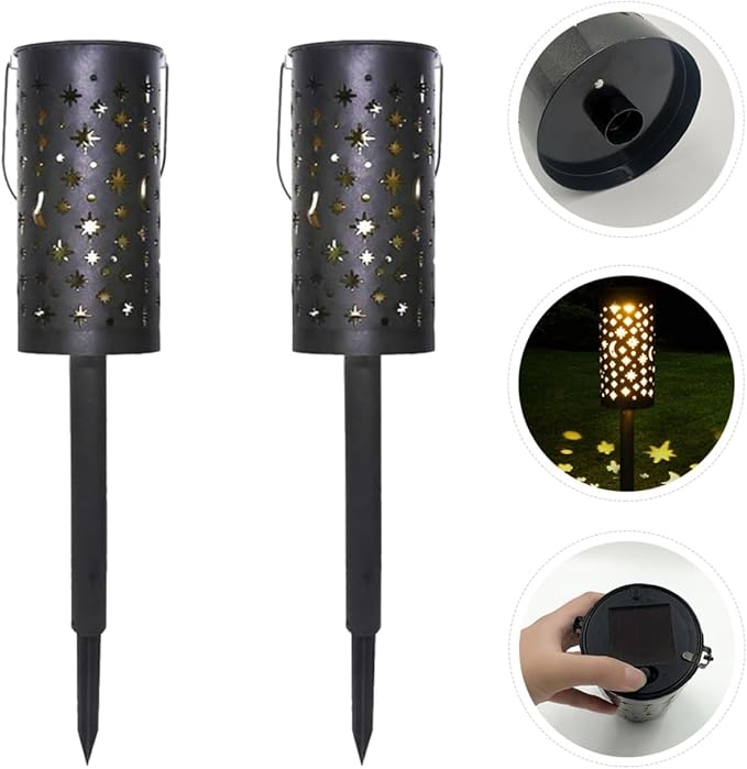 2pcs Solar Lawn Lights Outdoor Projection Lamps Waterproof Hollow Wrought Iron Garden Path Lights with Star and Moon Design for Patio and Yard Decor