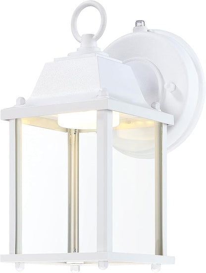 LIT-PaTH Small Outdoor LED Wall Lantern with Dusk to Dawn Photocell, 3000K Warm White, 9.5W, 800 Lumen, Aluminum Housing Plus Glass, Outdoor Rated, 1-Pack, White