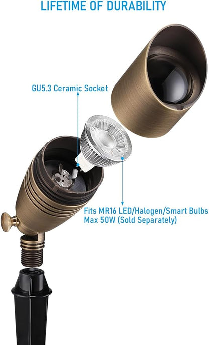 LEONLITE Solid Cast Brass Landscape Spotlights, Low Voltage Landscape Light, 12V Directional Uplights for Tree, House, Work with MR16 Bulb, (Bulbs Not Included), IP65, 7.72" Tall, Bronze, Pack of 4
