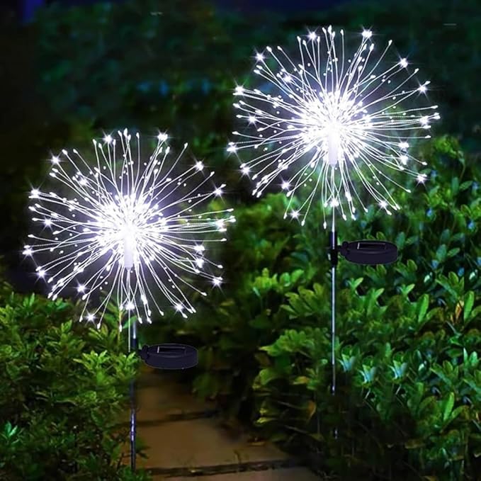 XIHAMA Solar Garden Lights 2 Pack Firework Lights Outdoor Waterproof, 200 LEDs with 8 Lighting Modes for Yard Pathway Patio Party Wedding Decorative (White)
