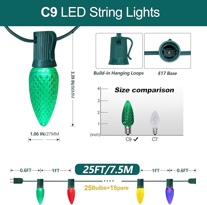 C9 LED Christmas Lights Outdoor 25FT with 25 Pcs(+1 Spare) C9 E17 Base Color Holiday Decor Bulbs for Indoor & Outdoor Use, Connectable, Weatherproof for Roof Decoration