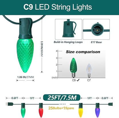 C9 LED Christmas Lights Outdoor 25FT with 25 Pcs(+1 Spare) C9 E17 Base Color Holiday Decor Bulbs for Indoor & Outdoor Use, Connectable, Weatherproof for Roof Decoration