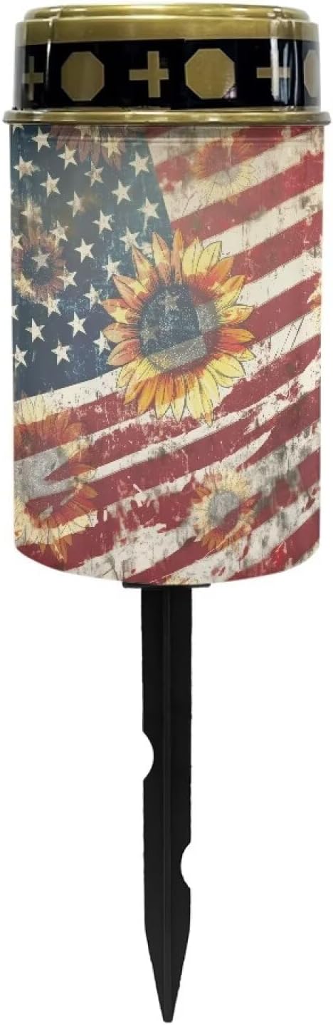 Cemetery Solar Lights for Grave, American Flag Sunflower Pattern Outdoor Solar for Independence Day Decor, Outdoor Garden Lights Waterproof Path Lights for Garden Night Light Outside Decor