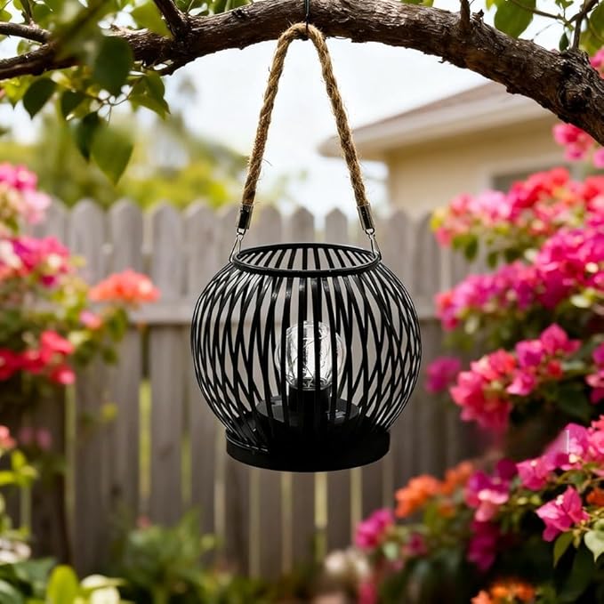 Iron Crafted Solar Stripe Light For Garden Paths With Weatherproof Outdoor Lantern Design, Providing Long Lasting Decorative Lighting (Black striped lights)