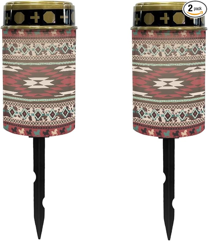 Red Western Aztec Solar Lights for Outdoor,Waterproof Solar Lantern for Outside,Flameless Solar Garden Stake Lights for Yard Patio Walkway Lights LED Warm White Lantern Spotlights