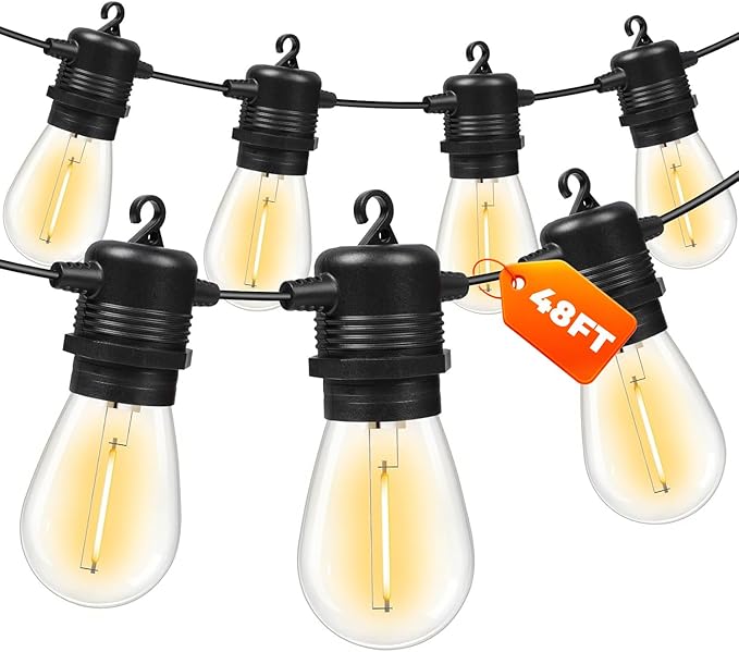 48FT S14 LED String Lights, Outdoor Patio Lights with Warm White 15 Shatterproof Plastic Bulbs for Backyard, Porch, Cafe, Wedding, Party Decoration