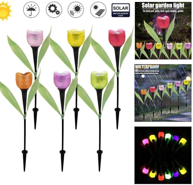 anso 6pcs Garden Tulip Flower Shape LED Solar Powered Lights Outdoor Yard Standing Decors (Multicolor)
