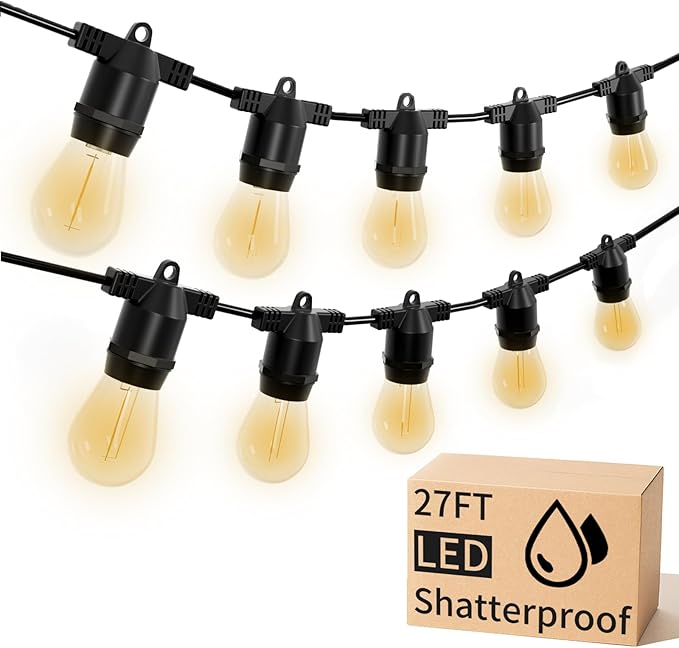 LED Outdoor String Lights, Shatterproof Waterproof 27Ft (Maximum 918Ft) Hanging Warm 2700K S14 Edison Bulbs Lighting for Patio Yard Porch Bistro Garden (27FT)