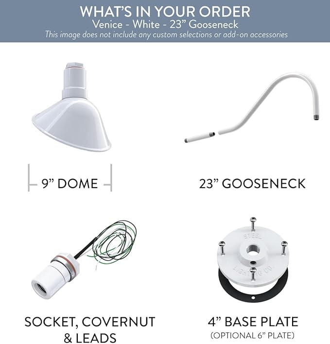 Steel Lighting Co. Venice Store Sign Light | for Outdoor Restaurant Accent Wall | 9 inch Dome | 11 inch Gooseneck | Made in America | White Exterior/White Interior