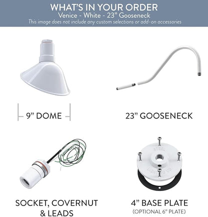 Steel Lighting Co. Venice Store Sign Light | for Outdoor Restaurant Accent Wall | 9 inch Dome | 11 inch Gooseneck | Made in America | White Exterior/White Interior