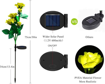 Solar Garden Rose Lights, Decorman 2 Pack Realistic Solar Outdoor Flower Lights Waterproof LED Stake Landscape Decorative Lights with 10 Roses for Garden, Lawn, Yard, Pathway, Patio, Backyard (Yellow)