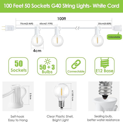 Mlambert 100Ft LED Outdoor String Lights, Dimmable Waterproof G40 Globe Patio Lights with 50+3 2700K Shatterproof Bulbs for Cafe Bistro-White Cord