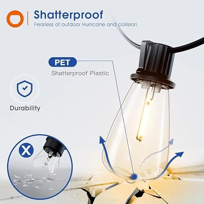 Outdoor String Lights, Shatterproof PET Bulbs, Warm White LED, Black Cable, Vintage Edison Style, Waterproof for | Lumora