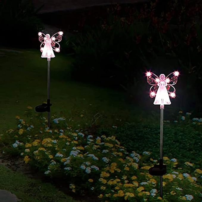 Solar Garden Lights 2pcs Fairy Garden Ornaments Outdoor Solar Pathway Lights, Flower Fairy Resin Figurine Lamp for Courtyard Lawn, Commemorate Gift (Color : Pink)