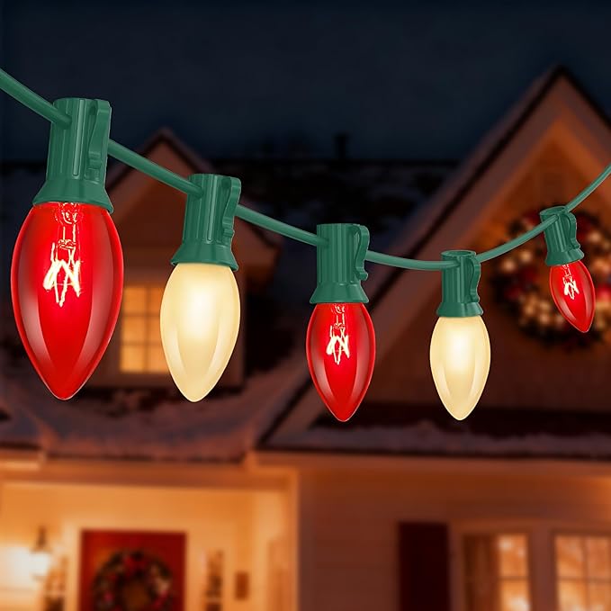 C9 Christmas Red& White String Lights with 26 Red & White Incandescent Bulbs, Outdoor Multicolored Christmas Lights Waterproof for Party Garden Wedding Bistro Roofline Decor