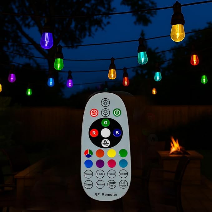 Novelty Lights Outdoor Color Changing LED S14 String Lights with Remote, 24 Feet RGB + Warm White & Cool White, 12 Shatter Resistant Bulbs on Black Wire