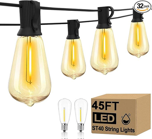GOOTHY LED Outdoor String Lights 45Ft Patio Lights with 32 Shatterproof ST40 Vintage Edison Bulbs (2 Spare), Hanging Outdoor Light UL Listed for Porch Garden Backyard Balcony Decor