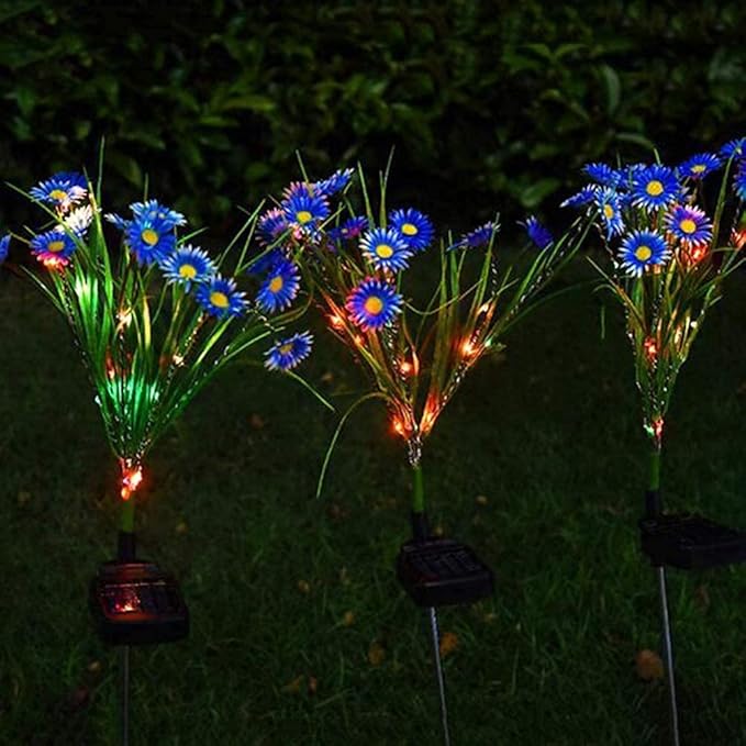 Solar Daisy Flower Decorative Garden Lights, 28 LED, Blue, Green, Multicolor, Waterproof, Solar Powered, Modern Style, Outdoor, 2 Pack