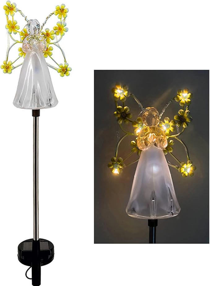 2pcs Fairy Garden Ornaments Outdoor Solar Pathway Lights, Flower Fairy Resin Figurine Lamp for Courtyard Lawn, Commemorate Gift (Yellow)