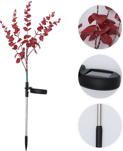 Solar Powered Outdoor Landscape Pathway Light Red Eucalyptus Leaf Design, Solar Garden Lamp for Patio and Lawn Decoration, Weatherproof Lawn Stake Light
