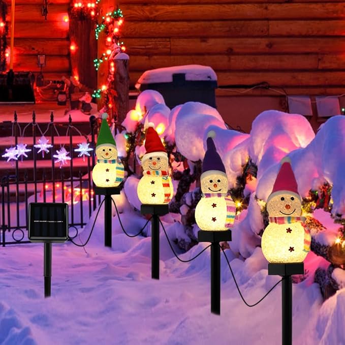 4 Pcs Solar Christmas Snowman Pathway Lights, Outdoor Snowman Stakes Light Ornaments for Yard Garden Lawn Landscape Patio Walkway Decor