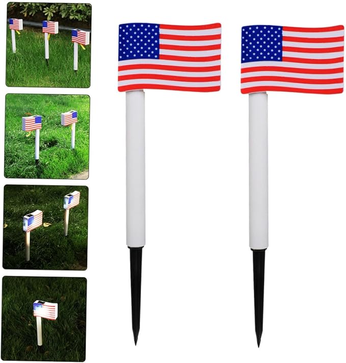 2pcs Solar LED American Flag Ground Plug Lights, Outdoor Solar Garden Path Lamps for Independence Day Lawn Decor Random Color