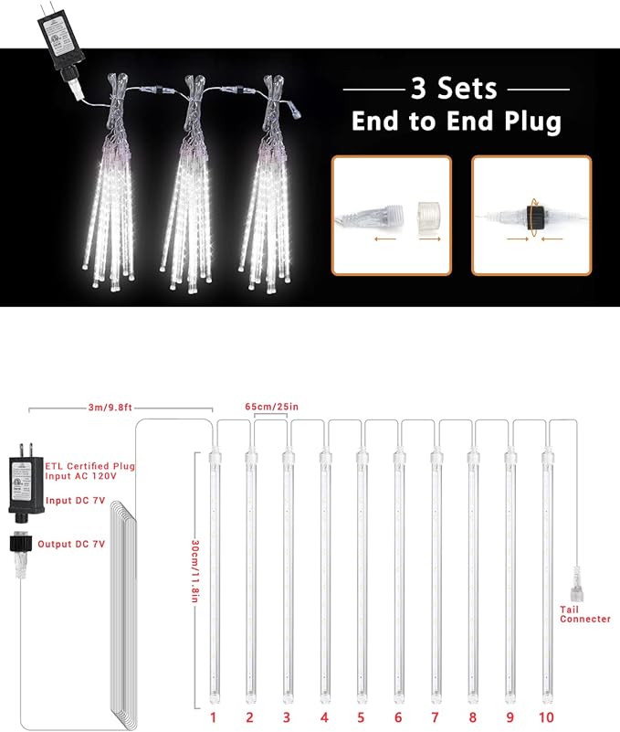 Flacchi White 10 Tube 240 LED Raindrop Meteor Shower Icicle Lights with Timer Function for - Outdoor String Light | Lumora
