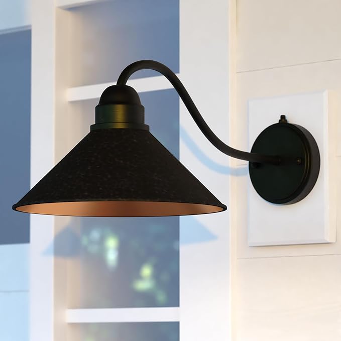 VAXCEL Outland 9.5 in. H 1-Light Aged Iron and Light Gold Dusk to Dawn Sensor Farmhouse Outdoor Wall Sconce, Gooseneck Metal Shade, Dark Sky Compliant for Exterior Porch Patio Front Door or Garage