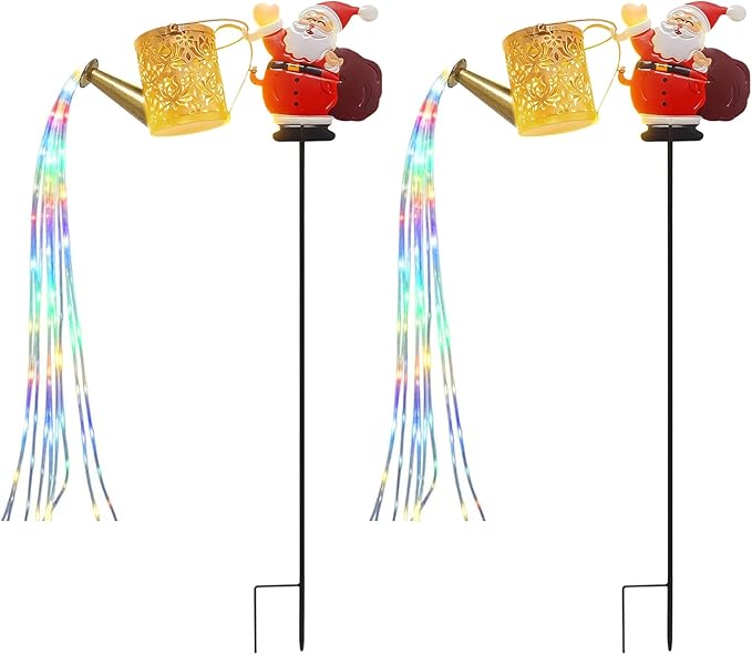 Christmas Santa Solar Kettle Lights, New Santa Claus Solar Watering Can Kettle Lights Outdoor, Metal Waterproof Garden Lantern for Yard, Patio, Lawn, Pathway Colorful Light 2pcs