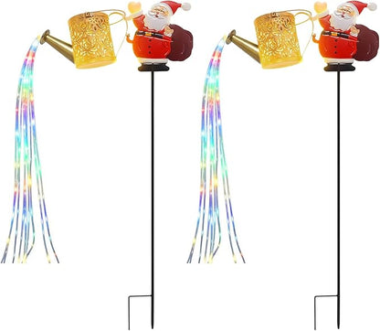 Christmas Santa Solar Kettle Lights, New Santa Claus Solar Watering Can Kettle Lights Outdoor, Metal Waterproof Garden Lantern for Yard, Patio, Lawn, Pathway Colorful Light 2pcs