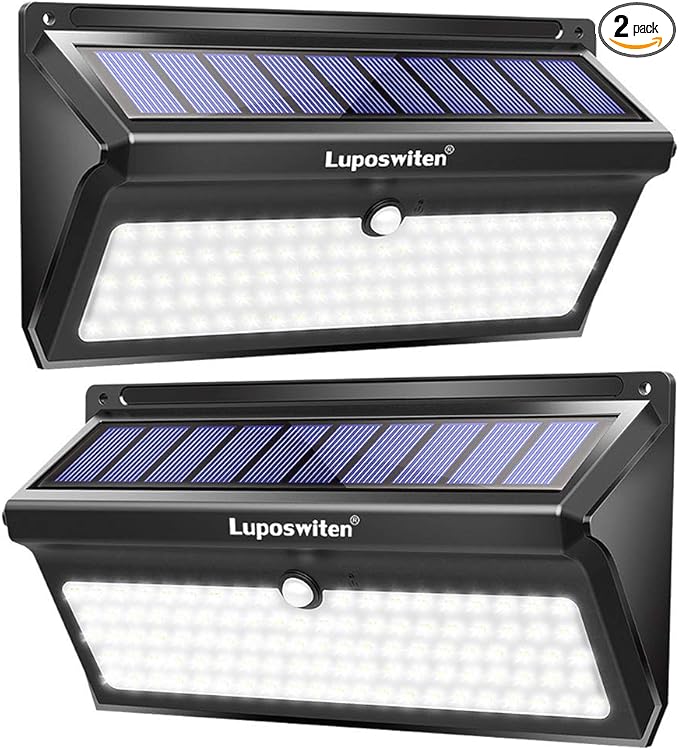 Luposwiten 100 LED Solar Lights Outdoor Waterproof - 2000 Lumens Solar Motion Lights Outdoor with 125° Lighting Angle, Easy-to-Install for Front Door, Yard, Garage, Garden (2-Pack)