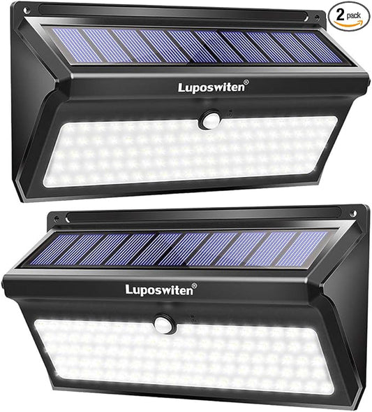 Luposwiten 100 LED Solar Lights Outdoor Waterproof - 2000 Lumens Solar Motion Lights Outdoor with 125° Lighting Angle, Easy-to-Install for Front Door, Yard, Garage, Garden (2-Pack)