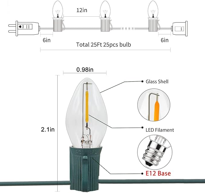 25Ft C7 LED String Lights Outdoor with 27 Clear LED Bulbs(2 Spare), Vintage Christmas String Lights for Christmas, Cafe, Patio, Party Decor, Green Wire