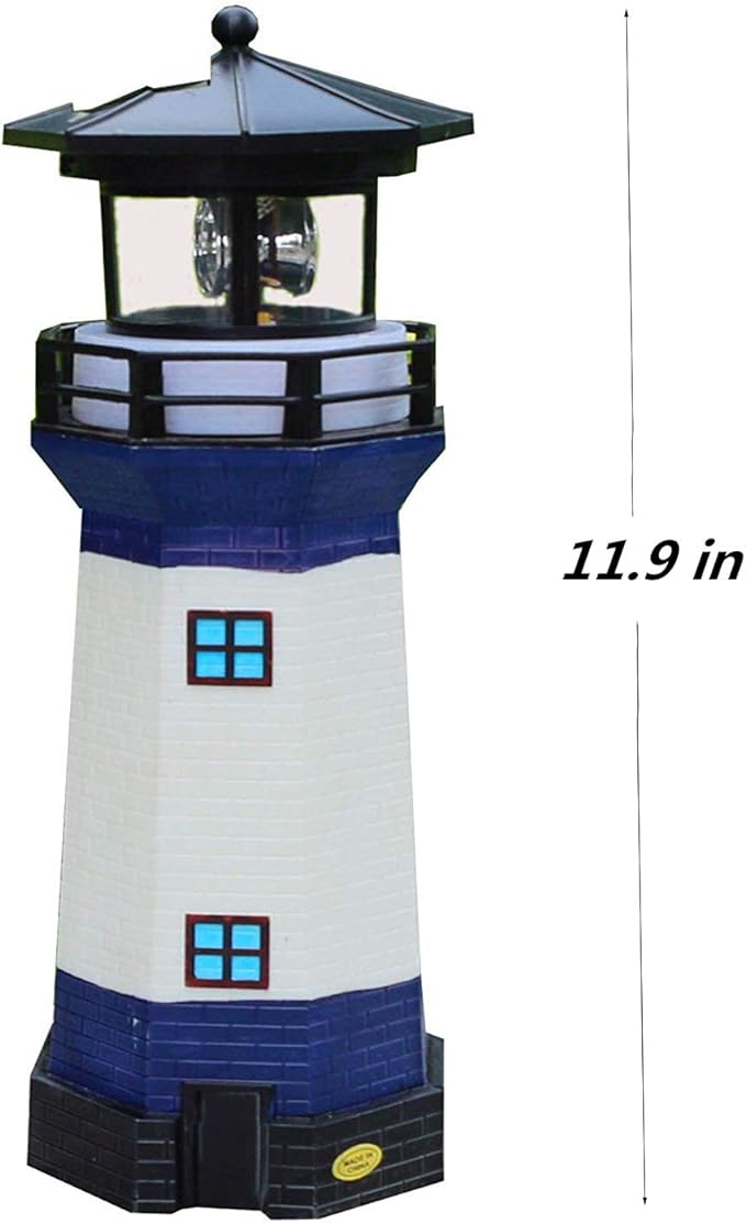 Solar Garden Lighthouse， White and Blue Lighthouse statutte with Rotating Lamp Outdoor Decorative LED Lights for Garden Patio Lawn