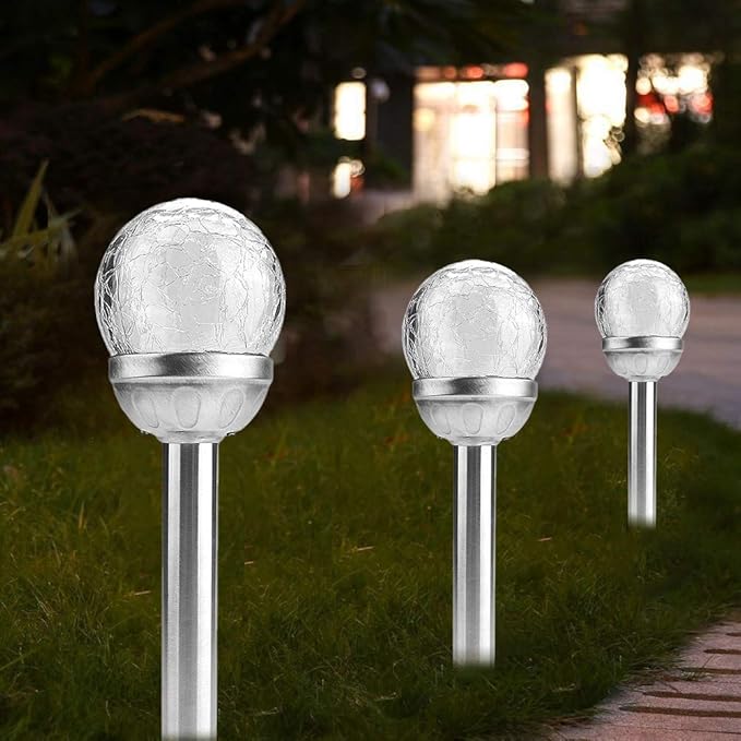 CHICIRIS Outdoor Solar Light - 2Pcs LED Solar Landscape Lamp Stake Crackle Round Ball Lights, LED Solar Lawn Light for Garden Porch Patio Yard