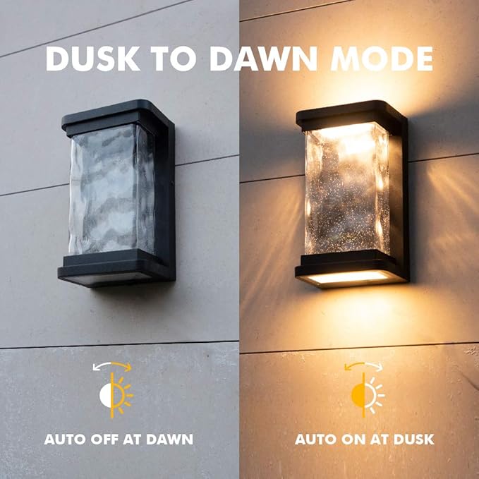 LUTEC 1000 Lumen Outdoor LED Wall Light Fixture, Dusk to Dawn Porch Light Wall Sconce with Seeded Glass, Matte Black Wall Lantern Exterior Lighting for House Backyard Patio, 3000K