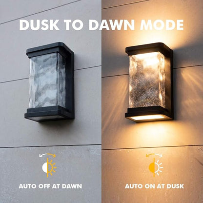LUTEC 1000 Lumen Outdoor LED Wall Light Fixture, Dusk to Dawn Porch Light Wall Sconce with Seeded Glass, Matte Black Wall Lantern Exterior Lighting for House Backyard Patio, 3000K