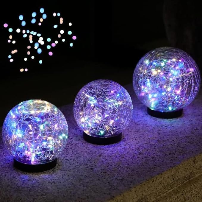 Solar Ball LED Lights Crackle Glass Globe Garden Stake Lamp Yard Art Decor for Yard Pathway Patio Lawn Decoration (Colorful)