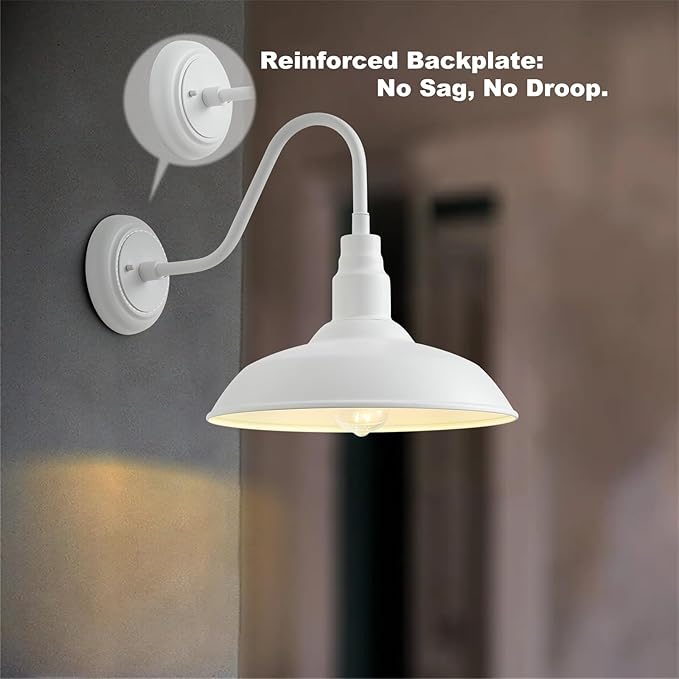 14 Inch Dome Outdoor Gooseneck Barn Light Fixture for Farmhouse, White Exterior Goose Neck Wall Mount Lights for | Lumora