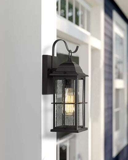 zeyu 1-Light Outdoor Wall Sconce Lantern, 14 inch Exterior Light Fixtures Wall Mount in Black Finish with Seeded Glass Shade, 20071B1