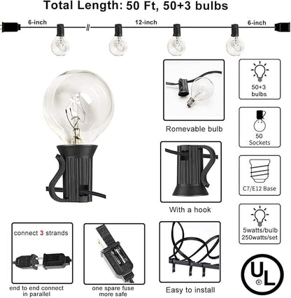 Abeja 50 Feet Patio String Lights with 53 Edison Globe Bulbs and 50 Pack G40 Light Bulbs Replacement, 120V 5W Clear Globe G40 Outdoor String Lights