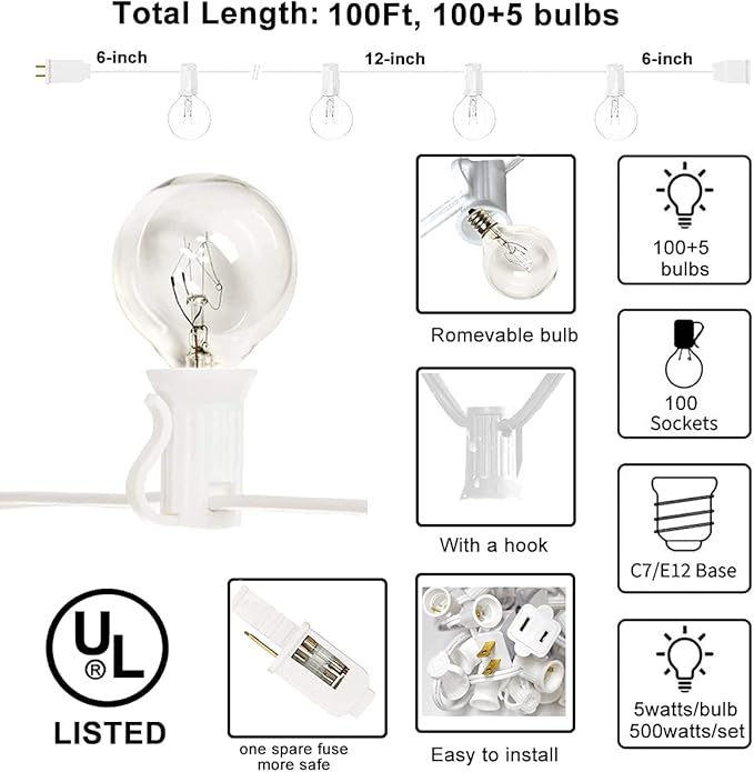 Abeja Outdoor String Light G40-100Ft with 105 Edison Glass Bulbs, 5W, E12 Socket Base, UL Listed Waterproof for | Lumora