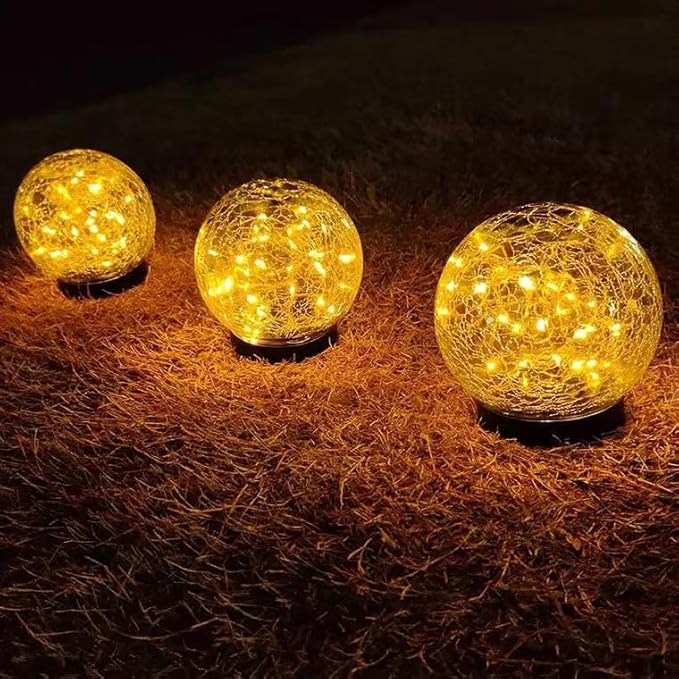 Solar Ball LED Lights Crackle Glass Globe Garden Stake Lamp Yard Art Decor for Yard Pathway Patio Lawn Decoration (Warm White)