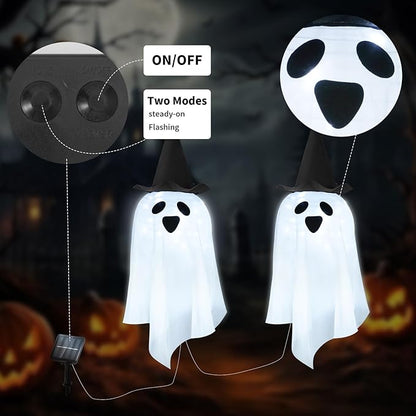 Solar Halloween Ghost LED Lights Outdoor, Set of 2 Big Ghost with Hat Stake Lights 2 Modes for Outdoor Halloween Pathway Yard Garden Decoration (Cool White-Ghost, 2 Pack)